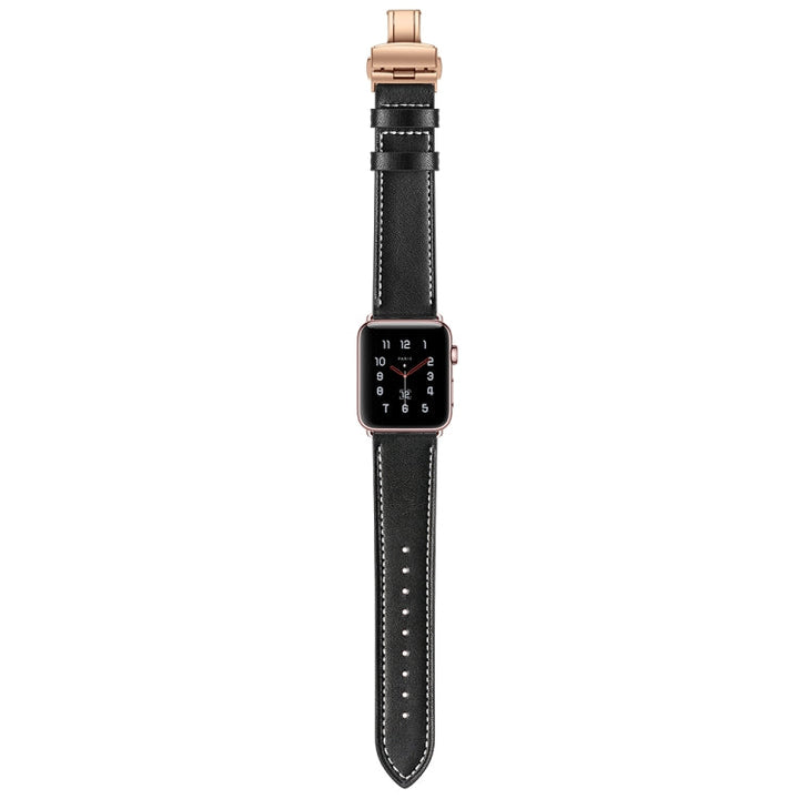 Lisslune | leather + butterfly rose gold buckle watch strap for Apple Watch Ultra 49mm & Watch Ultra 2 49mm / Series 9 & 8 & 7 45mm / SE 3 & SE 2 & 6 & SE & 5 & 4 44mm / 3 & 2 & 1 42mm (Black)