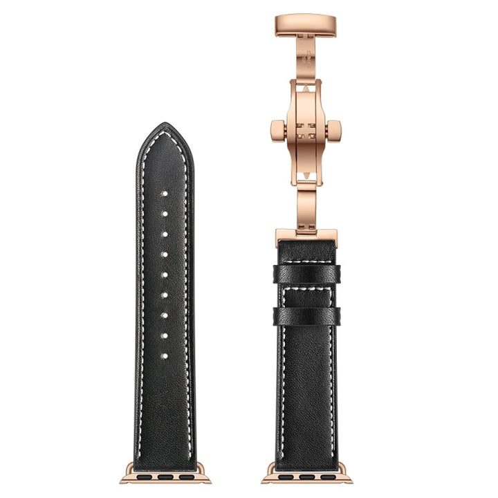 Lisslune | leather + butterfly rose gold buckle watch strap for Apple Watch Ultra 49mm & Watch Ultra 2 49mm / Series 9 & 8 & 7 45mm / SE 3 & SE 2 & 6 & SE & 5 & 4 44mm / 3 & 2 & 1 42mm (Black)
