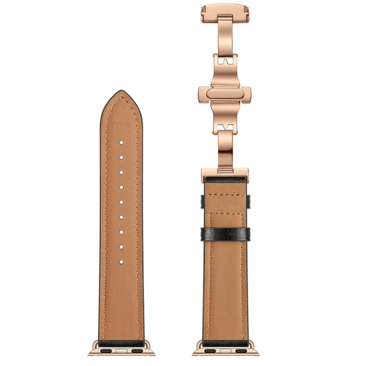 Lisslune | leather + butterfly rose gold buckle watch strap for Apple Watch Ultra 49mm & Watch Ultra 2 49mm / Series 9 & 8 & 7 45mm / SE 3 & SE 2 & 6 & SE & 5 & 4 44mm / 3 & 2 & 1 42mm (Black)