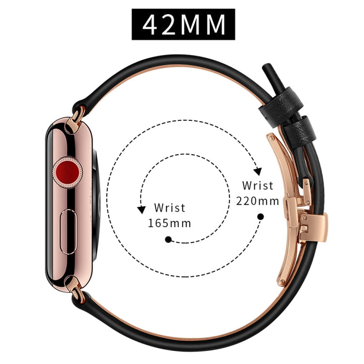 Lisslune | leather + butterfly rose gold buckle watch strap for Apple Watch Ultra 49mm & Watch Ultra 2 49mm / Series 9 & 8 & 7 45mm / SE 3 & SE 2 & 6 & SE & 5 & 4 44mm / 3 & 2 & 1 42mm (Black)