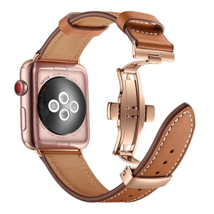Lisslune | Leather + Butterfly Rose Gold Buckle Watch Band for Apple Watch Series 7 45mm / 6 & SE & 5 & 4 44mm / 3 & 2 & 1 42mm (Brown)