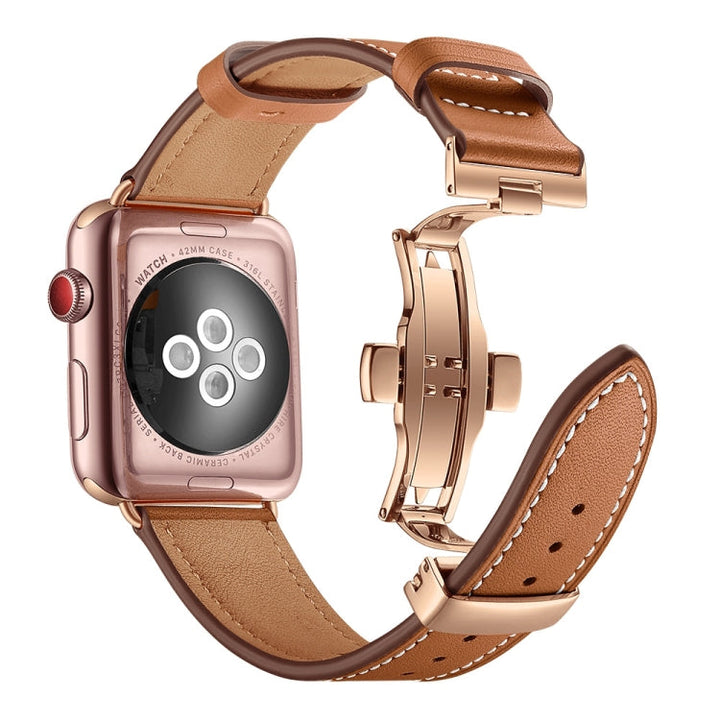 Lisslune | Leather + Butterfly Rose Gold Buckle Watch Band for Apple Watch Series 7 45mm / 6 & SE & 5 & 4 44mm / 3 & 2 & 1 42mm (Brown)