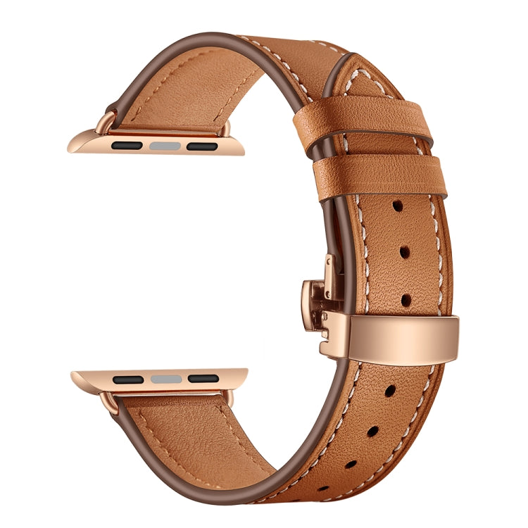 Lisslune | Leather + Butterfly Rose Gold Buckle Watch Band for Apple Watch Series 7 45mm / 6 & SE & 5 & 4 44mm / 3 & 2 & 1 42mm (Brown)