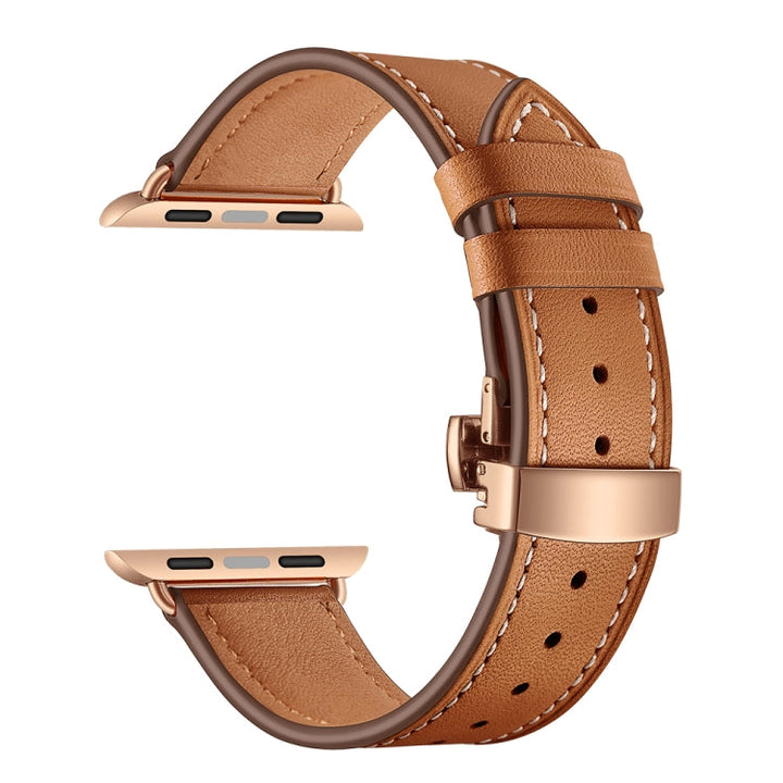 Lisslune | Leather + Butterfly Rose Gold Buckle Watch Band for Apple Watch Series 7 45mm / 6 & SE & 5 & 4 44mm / 3 & 2 & 1 42mm (Brown)