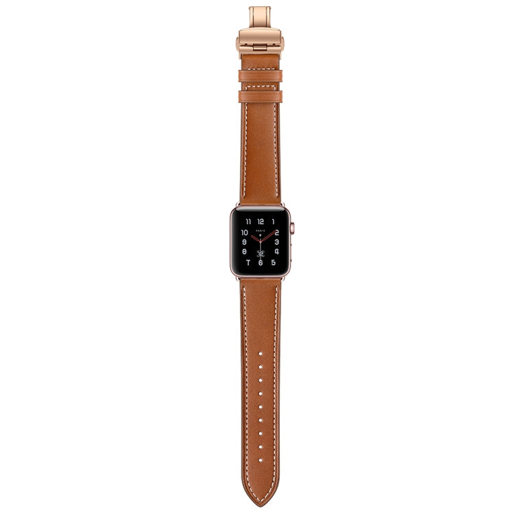 Lisslune | Leather + Butterfly Rose Gold Buckle Watch Band for Apple Watch Series 7 45mm / 6 & SE & 5 & 4 44mm / 3 & 2 & 1 42mm (Brown)