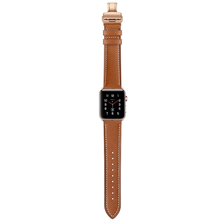 Lisslune | Leather + Butterfly Rose Gold Buckle Watch Band for Apple Watch Series 7 45mm / 6 & SE & 5 & 4 44mm / 3 & 2 & 1 42mm (Brown)