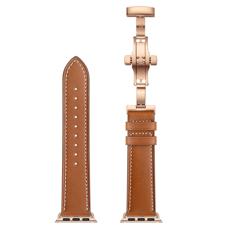 Lisslune | Leather + Butterfly Rose Gold Buckle Watch Band for Apple Watch Series 7 45mm / 6 & SE & 5 & 4 44mm / 3 & 2 & 1 42mm (Brown)