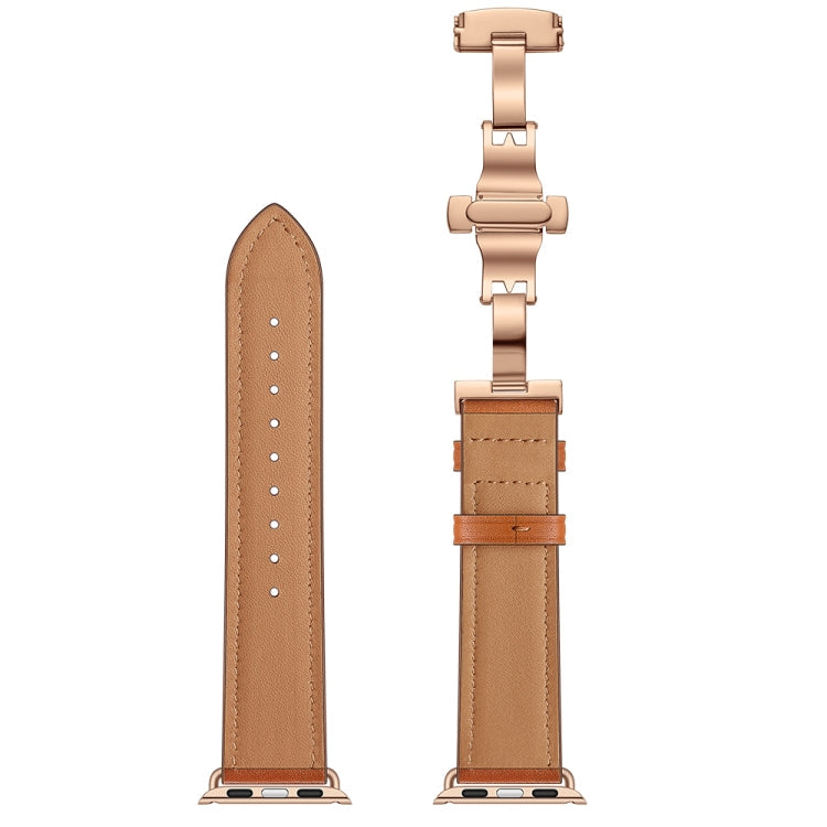 Lisslune | Leather + Butterfly Rose Gold Buckle Watch Band for Apple Watch Series 7 45mm / 6 & SE & 5 & 4 44mm / 3 & 2 & 1 42mm (Brown)
