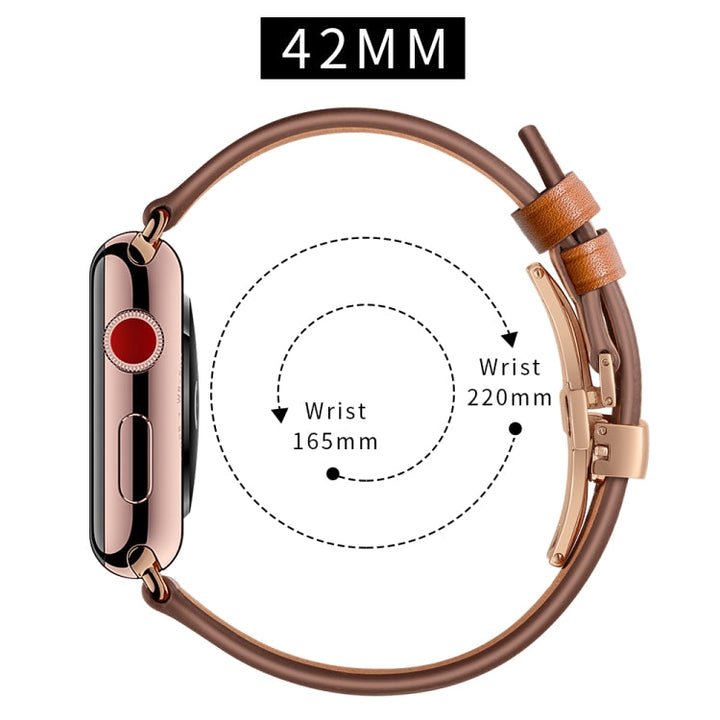 Lisslune | Leather + Butterfly Rose Gold Buckle Watch Band for Apple Watch Series 7 45mm / 6 & SE & 5 & 4 44mm / 3 & 2 & 1 42mm (Brown)