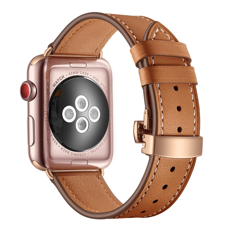 Lisslune | Leather + Butterfly Rose Gold Buckle Watch Band for Apple Watch Series 7 45mm / 6 & SE & 5 & 4 44mm / 3 & 2 & 1 42mm (Brown)