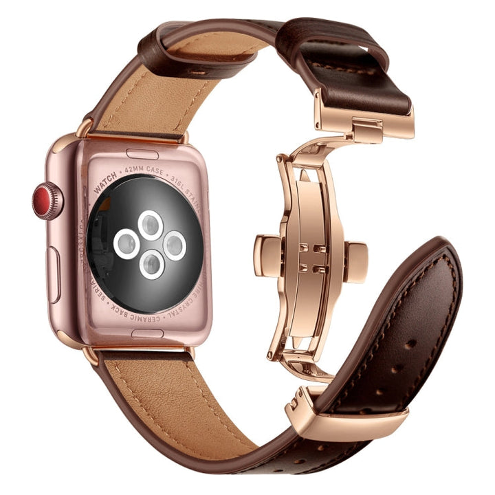 Lisslune | Leather + Butterfly Rose Gold Buckle Watch Band for Apple Watch Series 7 45mm / 6 & SE & 5 & 4 44mm / 3 & 2 & 1 42mm (Dark Brown)