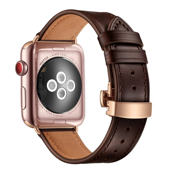 Lisslune | Leather + Butterfly Rose Gold Buckle Watch Band for Apple Watch Series 7 45mm / 6 & SE & 5 & 4 44mm / 3 & 2 & 1 42mm (Dark Brown)