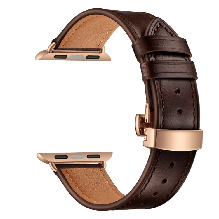 Lisslune | Leather + Butterfly Rose Gold Buckle Watch Band for Apple Watch Series 7 45mm / 6 & SE & 5 & 4 44mm / 3 & 2 & 1 42mm (Dark Brown)