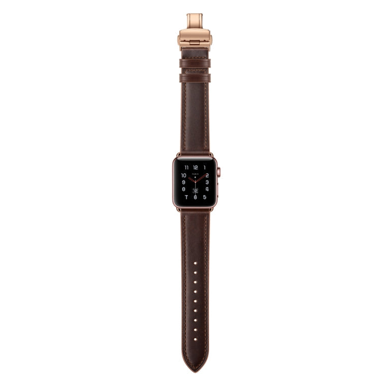 Lisslune | Leather + Butterfly Rose Gold Buckle Watch Band for Apple Watch Series 7 45mm / 6 & SE & 5 & 4 44mm / 3 & 2 & 1 42mm (Dark Brown)