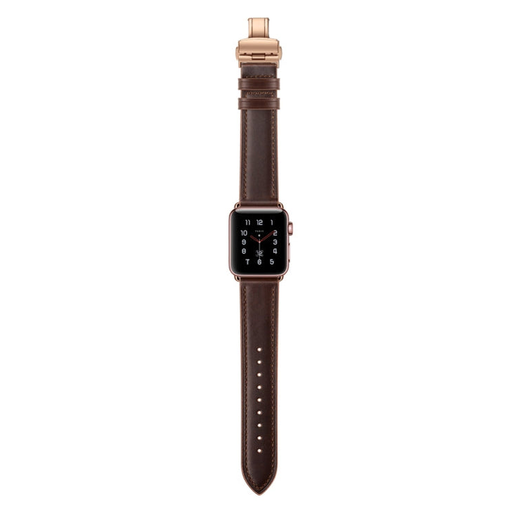 Lisslune | Leather + Butterfly Rose Gold Buckle Watch Band for Apple Watch Series 7 45mm / 6 & SE & 5 & 4 44mm / 3 & 2 & 1 42mm (Dark Brown)