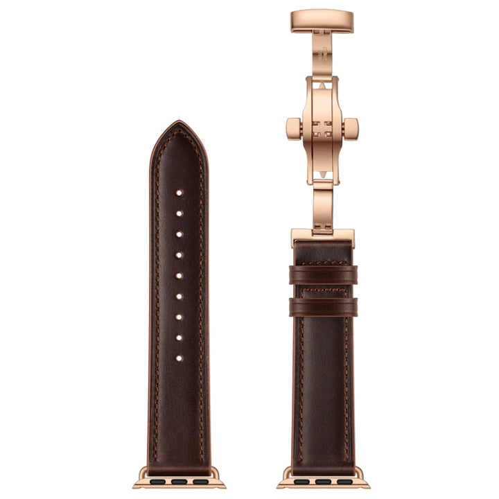 Lisslune | Leather + Butterfly Rose Gold Buckle Watch Band for Apple Watch Series 7 45mm / 6 & SE & 5 & 4 44mm / 3 & 2 & 1 42mm (Dark Brown)