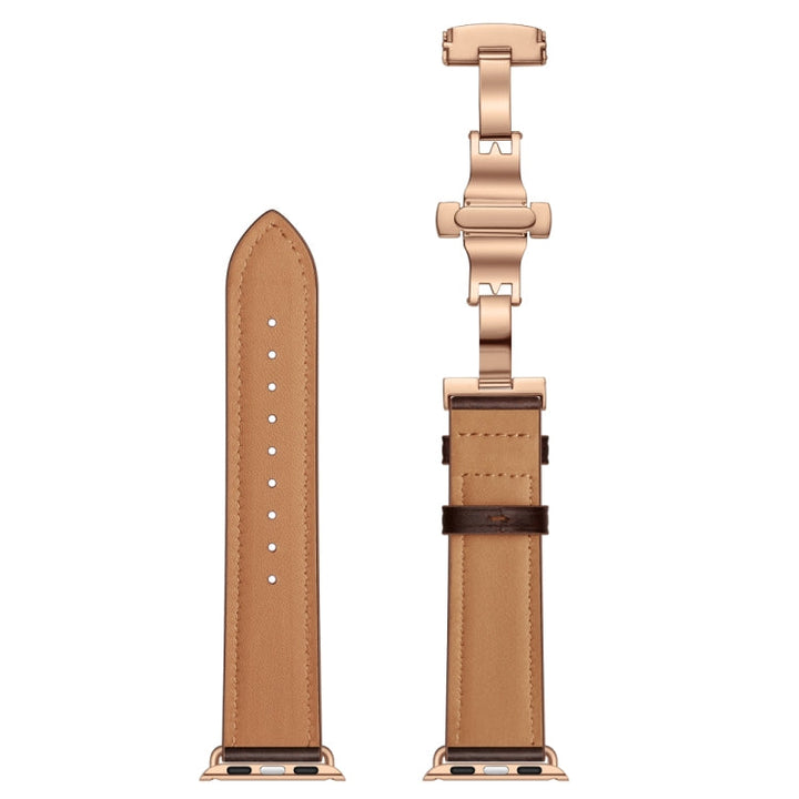 Lisslune | Leather + Butterfly Rose Gold Buckle Watch Band for Apple Watch Series 7 45mm / 6 & SE & 5 & 4 44mm / 3 & 2 & 1 42mm (Dark Brown)