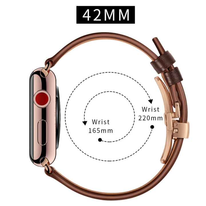Lisslune | Leather + Butterfly Rose Gold Buckle Watch Band for Apple Watch Series 7 45mm / 6 & SE & 5 & 4 44mm / 3 & 2 & 1 42mm (Dark Brown)