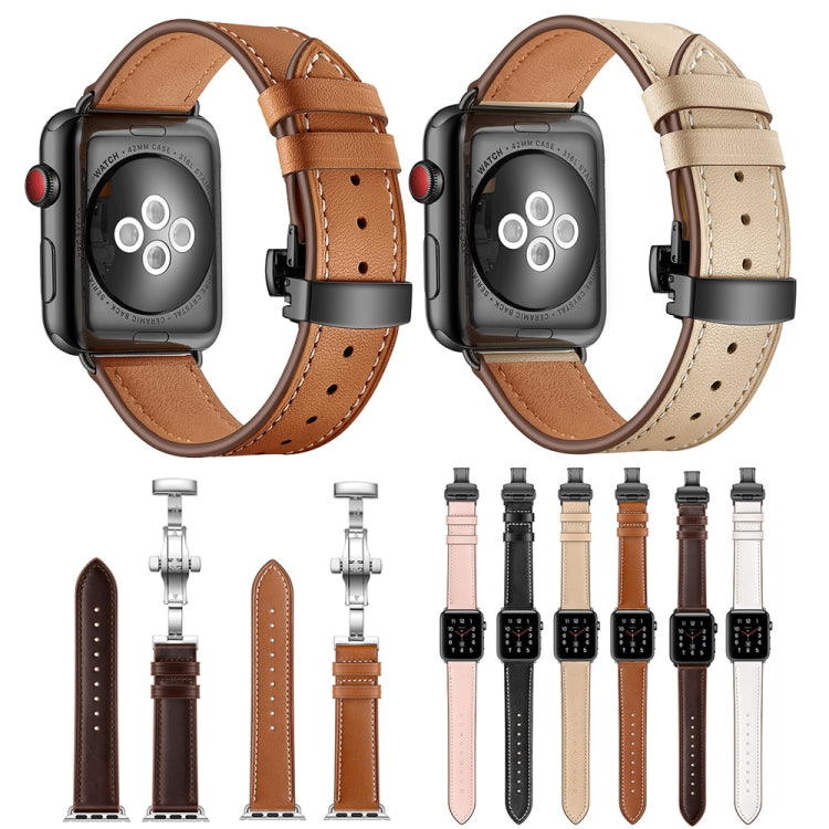 Lisslune | Leather + Butterfly Rose Gold Buckle Watch Band for Apple Watch Series 7 45mm / 6 & SE & 5 & 4 44mm / 3 & 2 & 1 42mm (Brown)