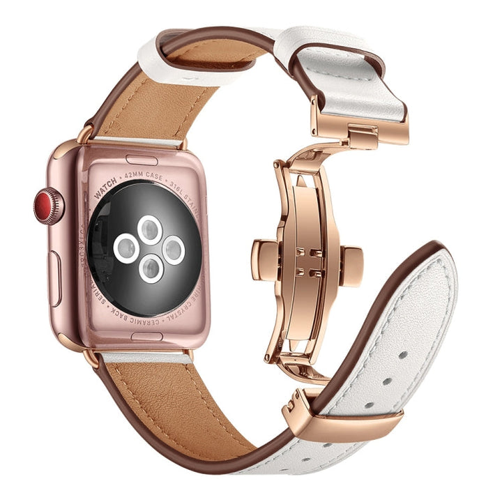 Lisslune | leather + butterfly rose gold buckle watch band for Apple Watch Series 7 41mm / 6 & SE & 5 & 4 40mm / 3 & 2 & 1 38mm (White)