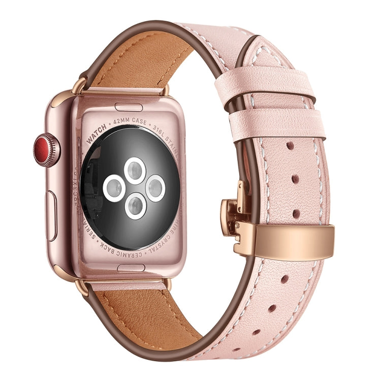 Lisslune | Leather + Butterfly Rose Gold Buckle Watch Band for Apple Watch Series 9&8&7 41mm / SE 3&SE 2&6&SE&5&4 40mm / 3&2&1 38mm (Pink)