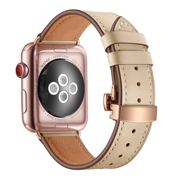 Lisslune | Leather + Butterfly Rose Gold Buckle Watch Strap for Apple Watch Series 9&8&7 41mm / SE 3&SE 2&6&SE&5&4 40mm / 3&2&1 38mm (Apricot)