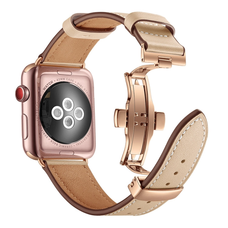 Lisslune | Leather + Butterfly Rose Gold Buckle Watch Strap for Apple Watch Series 9&8&7 41mm / SE 3&SE 2&6&SE&5&4 40mm / 3&2&1 38mm (Apricot)