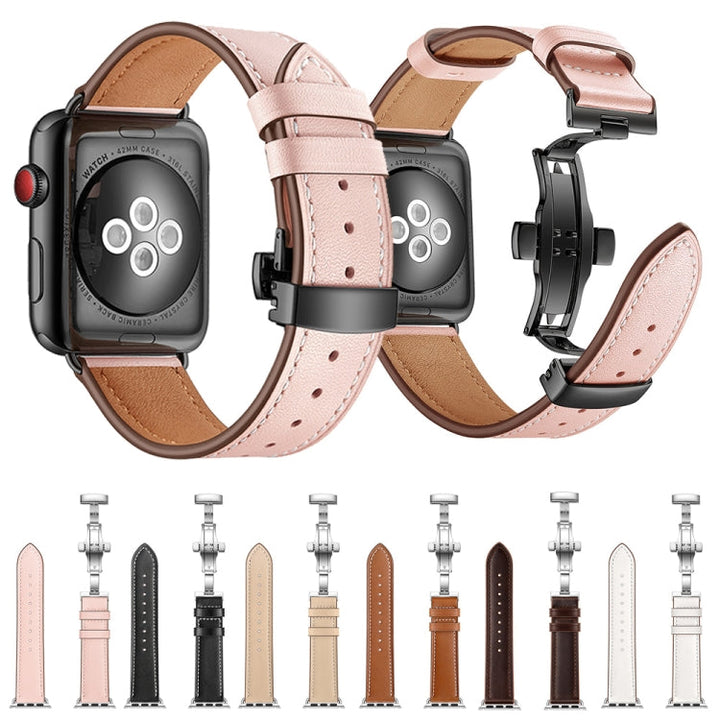 Lisslune | Leather + Butterfly Rose Gold Buckle Watch Band for Apple Watch Series 9&8&7 41mm / SE 3&SE 2&6&SE&5&4 40mm / 3&2&1 38mm (Brown)