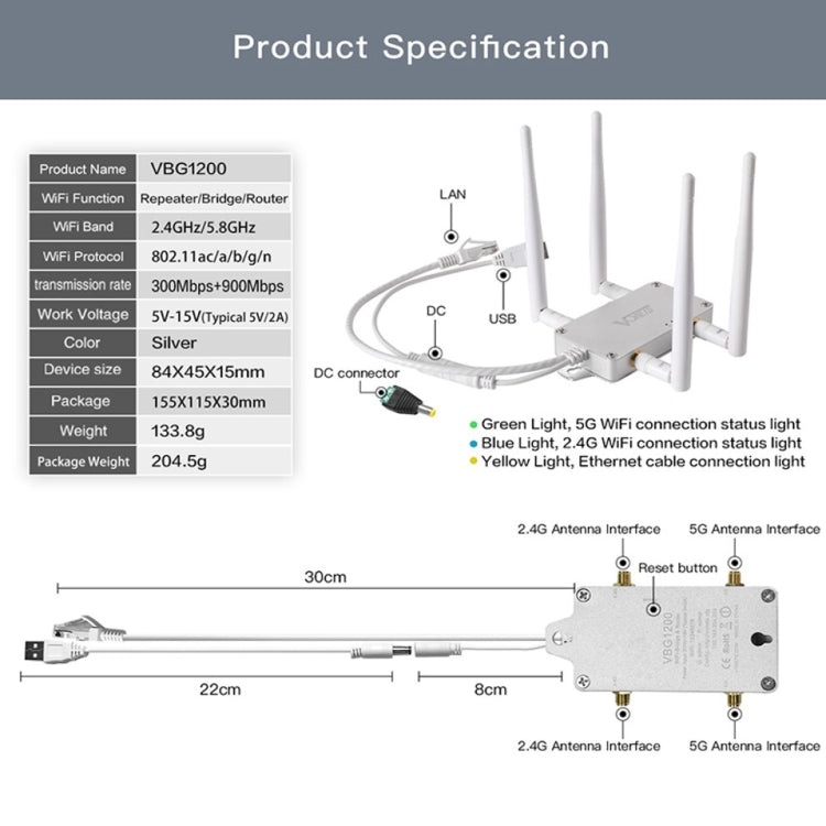 Lisslune | VONETS VBG1200 300Mbps+900Mbps Dual-Band WLAN Router Repeater WIFI Base Station with 4 Antennas