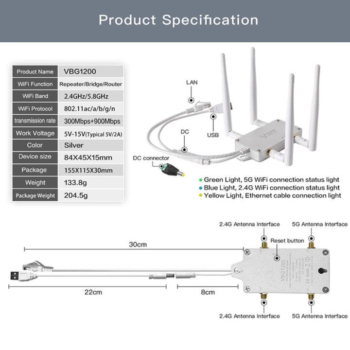 Lisslune | VONETS VBG1200 300Mbps+900Mbps Dual-Band WLAN Router Repeater WIFI Base Station with 4 Antennas