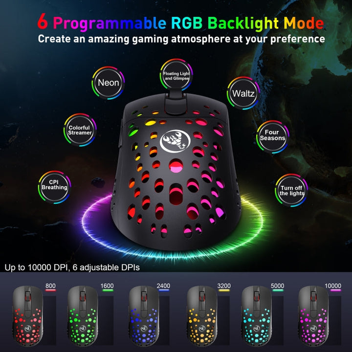 Lisslune | HXSJ T100 10000 DPI RGB Macro Definition Wired Wireless Dual-Mode Mouse (Black)
