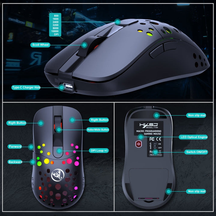 Lisslune | HXSJ T100 10000 DPI RGB Macro Definition Wired Wireless Dual-Mode Mouse (Black)
