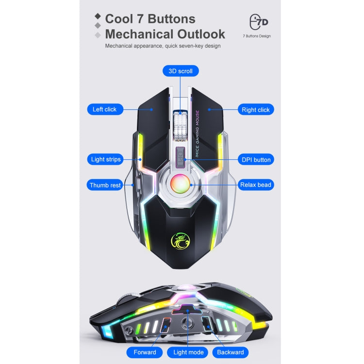 Lisslune | iMICE G7 Colorful Streamer Lights Rechargeable Silent Wireless Mouse (Black)