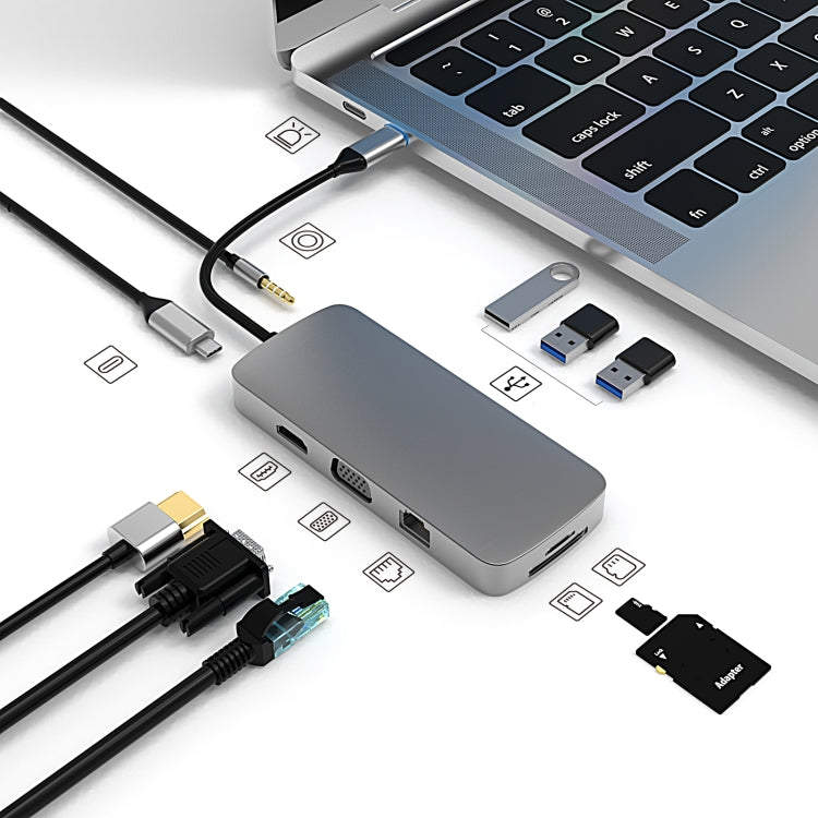 Lisslune | Basix BL10V 10 in 1 USB-C / Type-C to RJ45 + VGA + HDMI + 3.5mm AUX + SD / TF card slot + PD USB-C / Type-C + USB 3.0 + 2 USB 2.0 Ports Docking Station HUB
