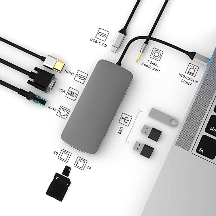 Lisslune | Basix BL10V 10 in 1 USB-C / Type-C to RJ45 + VGA + HDMI + 3.5mm AUX + SD / TF card slot + PD USB-C / Type-C + USB 3.0 + 2 USB 2.0 Ports Docking Station HUB