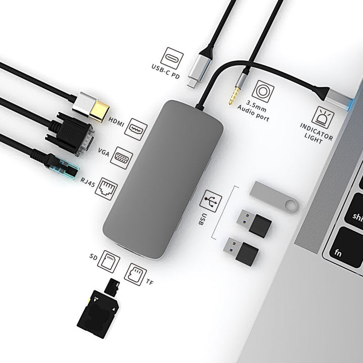 Lisslune | Basix BL10V 10 in 1 USB-C / Type-C to RJ45 + VGA + HDMI + 3.5mm AUX + SD / TF card slot + PD USB-C / Type-C + USB 3.0 + 2 USB 2.0 Ports Docking Station HUB
