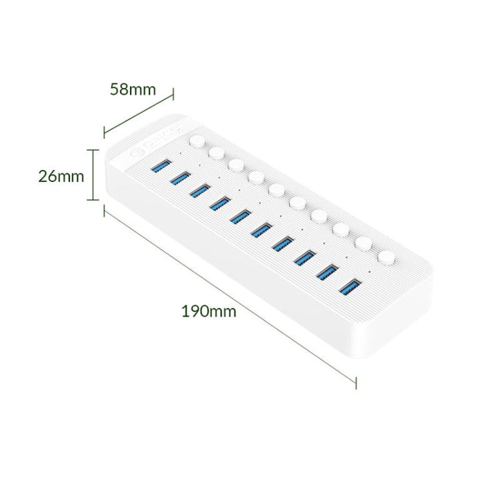 Lisslune | ORICO CT2U3-10AB-WH 10 In 1 Plastic Strip Multi-Port USB HUB with Individual Switches, US Plug (White)