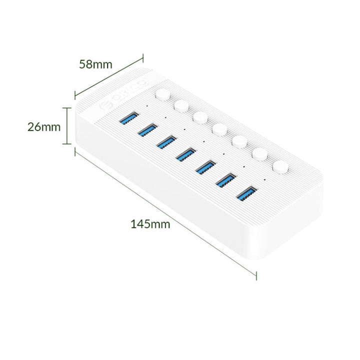 Lisslune | ORICO CT2U3-7AB-WH 7 In 1 Plastic Strip Multi-Port USB HUB with Individual Switches, EU Plug (White)