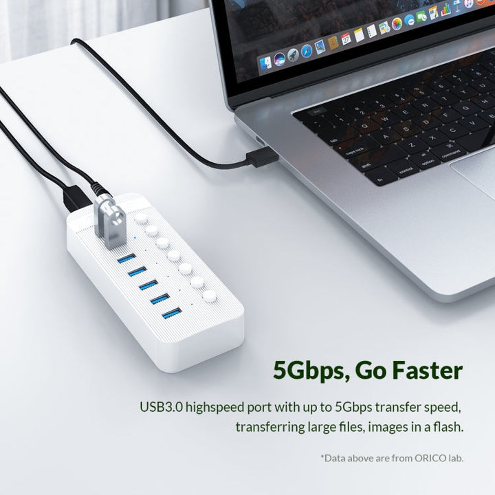 Lisslune | ORICO CT2U3-7AB-WH 7 In 1 Plastic Strip Multi-Port USB HUB with Individual Switches, EU Plug (White)