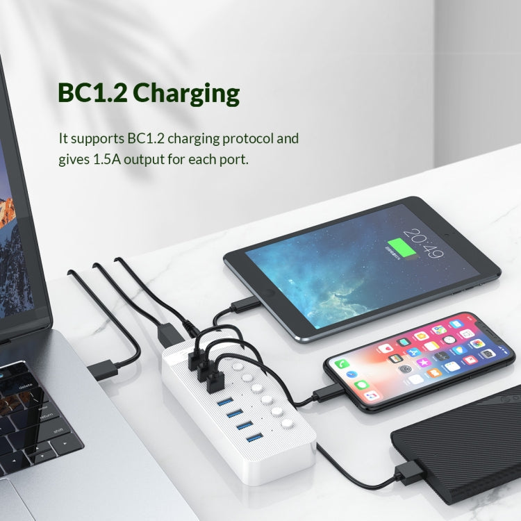 Lisslune | ORICO CT2U3-7AB-WH 7 In 1 Plastic Strip Multi-Port USB HUB with Individual Switches, EU Plug (White)