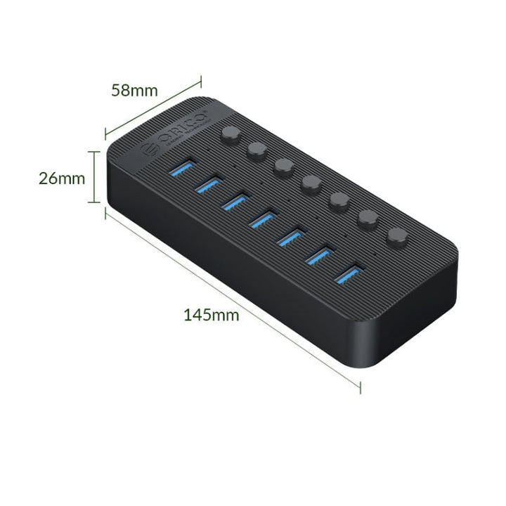 Lisslune | ORICO CT2U3-7AB-BK 7 In 1 Plastic Strip Multi-Port USB HUB with Individual Switches, AU Plug (Black)