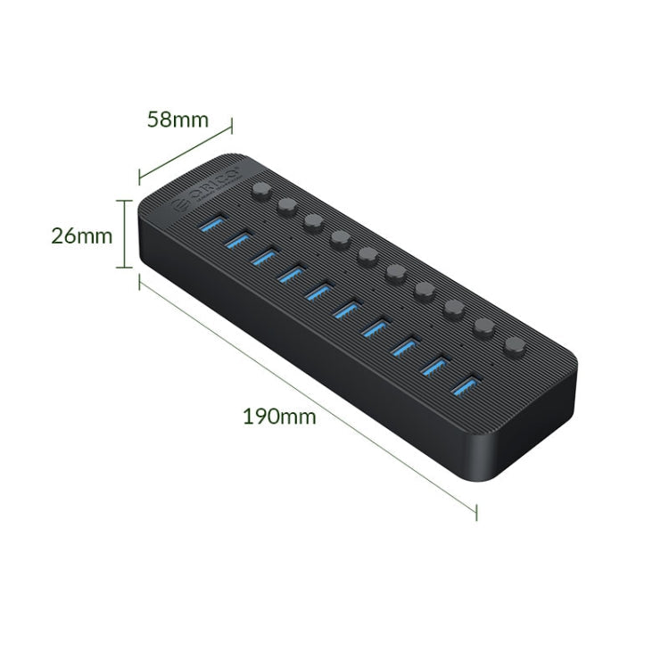Lisslune | ORICO CT2U3-10AB-BK 10 In 1 Plastic Strip Multi-Port USB HUB with Individual Switches, EU Plug (Black)