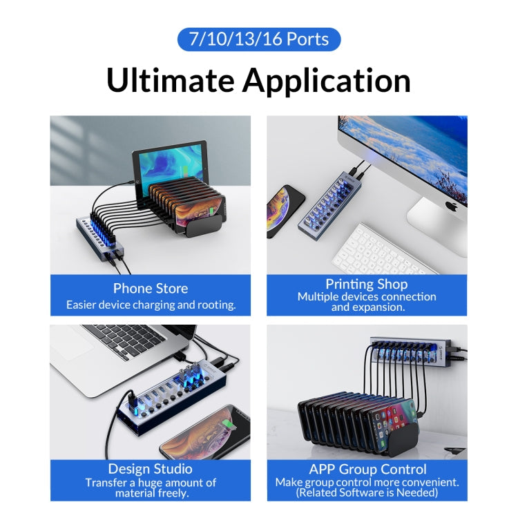 Lisslune | ORICO AT2U3-7AB-GY-BP 7 In 1 Aluminum Alloy Multi-Port USB HUB with Individual Switches, EU Plug