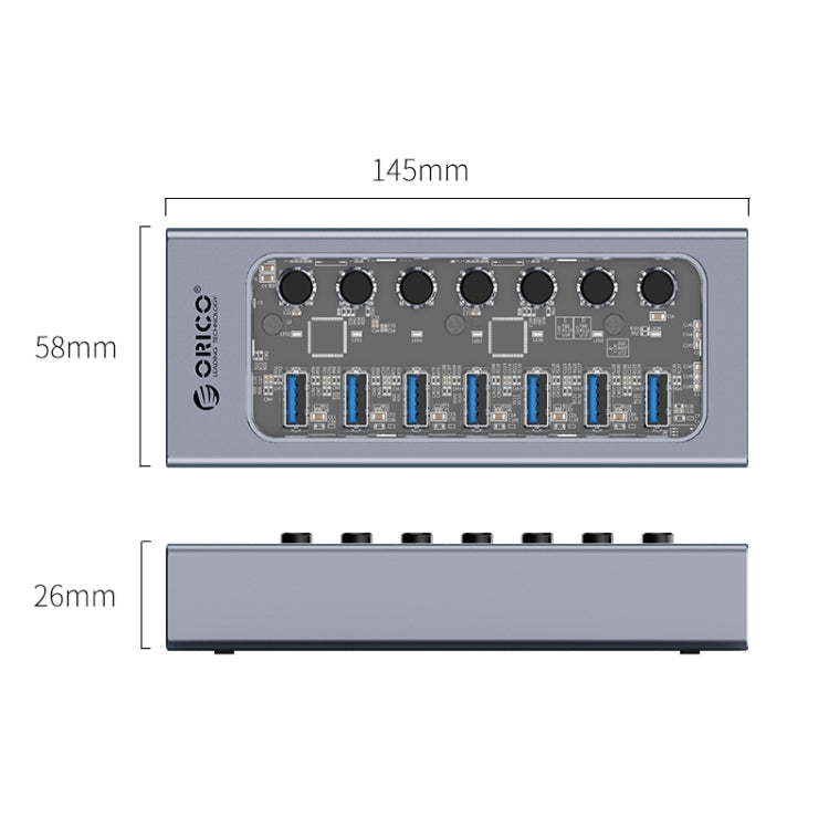 Lisslune | ORICO AT2U3-7AB-GY-BP 7 In 1 Aluminum Alloy Multi-Port USB HUB with Individual Switches, UK Plug