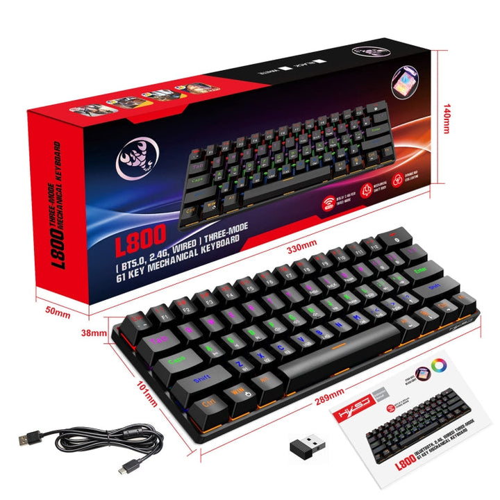 Lisslune | HXSJ L800 61 Keys Bluetooth 5.0 / 2.4G Wireless / Type-C Wired Three Modes Blue Switch Mechanical Keyboard (Black)