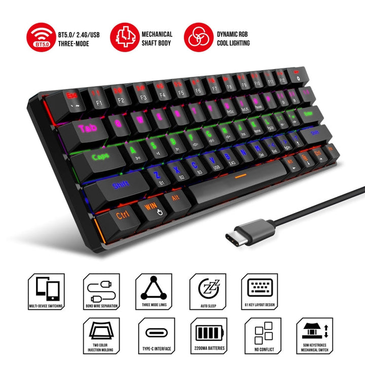 Lisslune | HXSJ L800 61 Keys Bluetooth 5.0 / 2.4G Wireless / Type-C Wired Three Modes Blue Switch Mechanical Keyboard (Black)