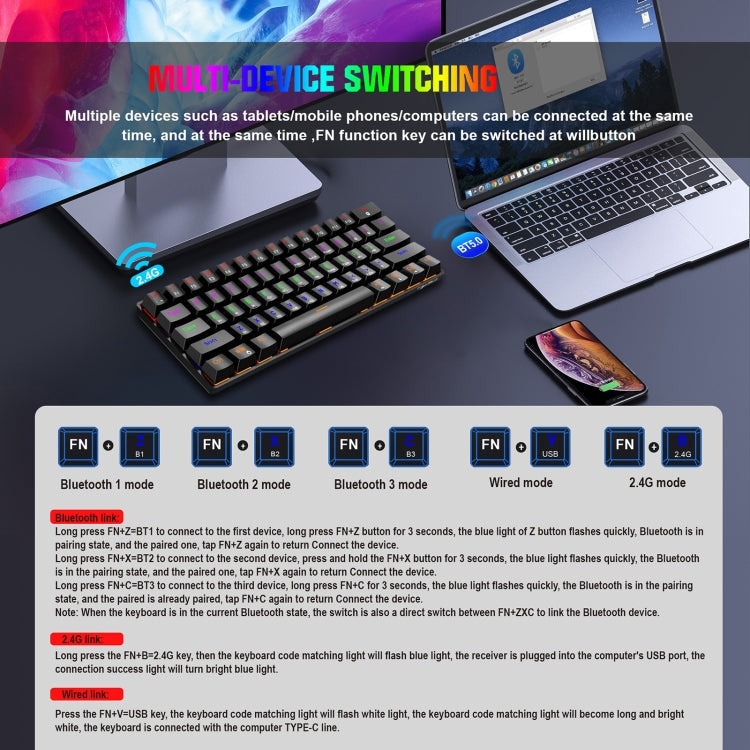 Lisslune | HXSJ L800 61 Keys Bluetooth 5.0 / 2.4G Wireless / Type-C Wired Three Modes Blue Switch Mechanical Keyboard (Black)
