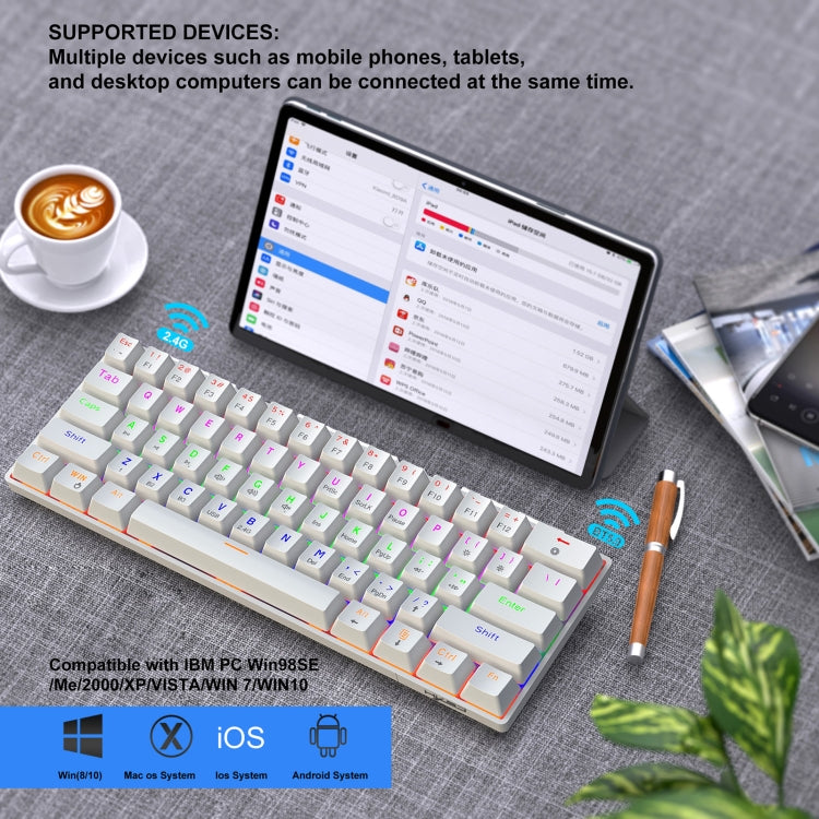 Lisslune | HXSJ L800 61 Keys Bluetooth 5.0 / 2.4G Wireless / Type-C Wired Three Modes Blue Switch Mechanical Keyboard (White)