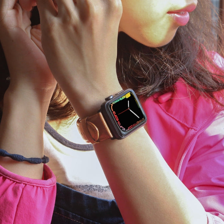 Lisslune | For Apple Watch Ultra 49mm & Watch Ultra 2 49mm / Series 9 & 8 & 7 45mm / SE 3 & SE 2 & 6 & SE & 5 & 4 44mm / 3 & 2 & 1 42mm Oil-Wax Leather Strap Watch Band (Yellow Brown)