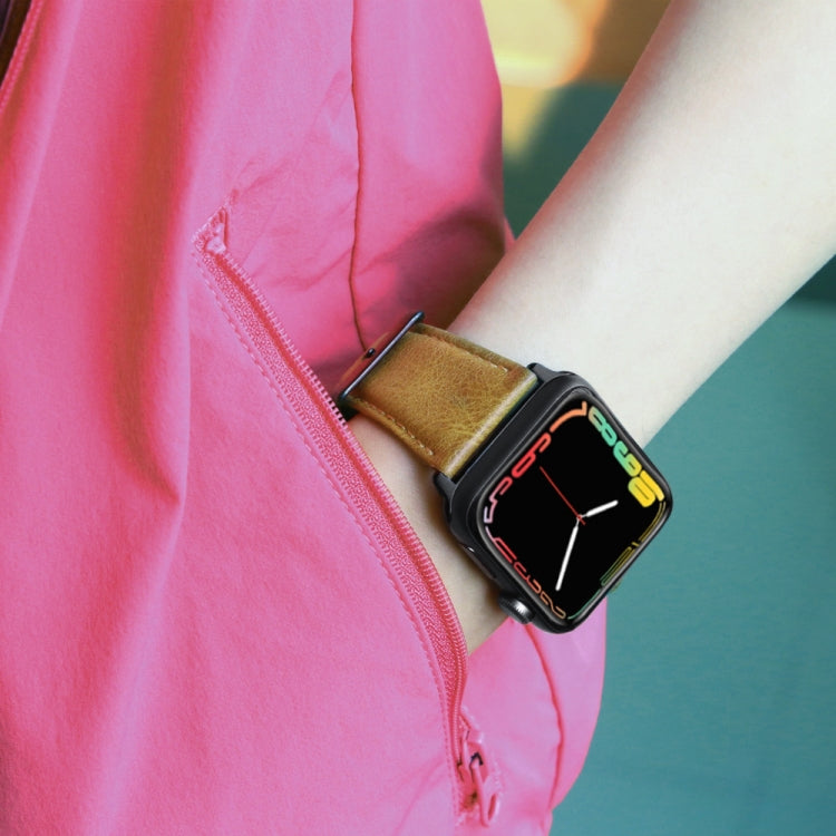 Lisslune | For Apple Watch Ultra 49mm & Watch Ultra 2 49mm / Series 9 & 8 & 7 45mm / SE 3 & SE 2 & 6 & SE & 5 & 4 44mm / 3 & 2 & 1 42mm Oil-Wax Leather Strap Watch Band (Yellow Brown)